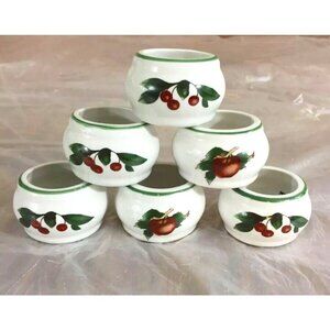 VTG Ceramic Napkin Rings White Apples Cherries 1.25"‎ Set Of 6 Farmhouse Cottage